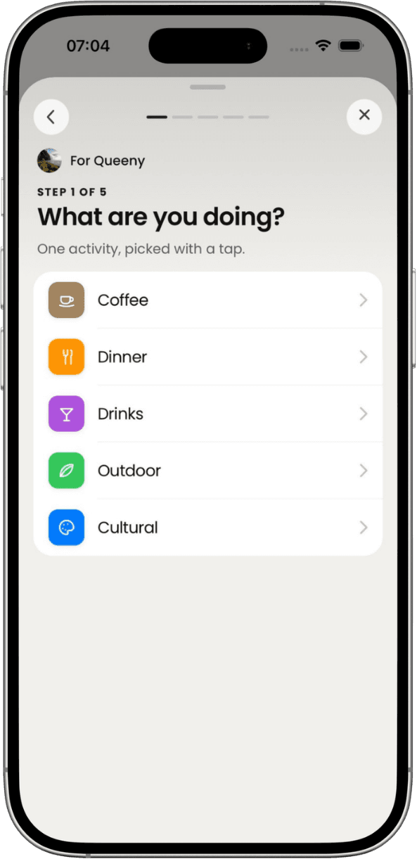 L'app Date Cards : l'étape « Qu'est-ce qu'on fait ? »