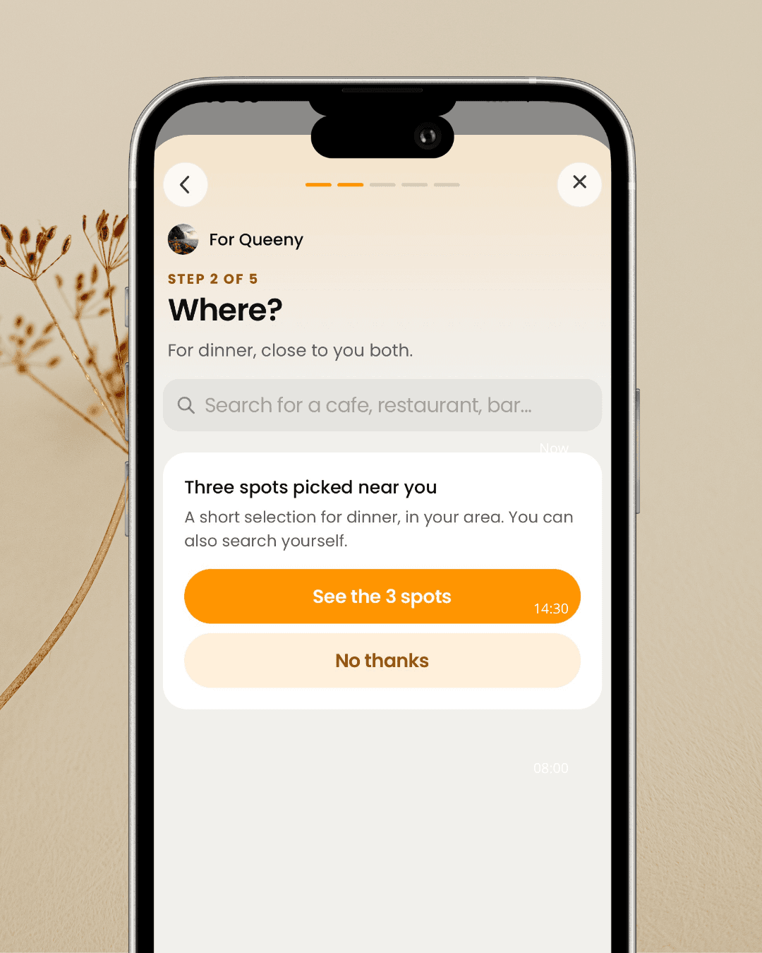 L'app Date Cards proposant trois lieux près de toi