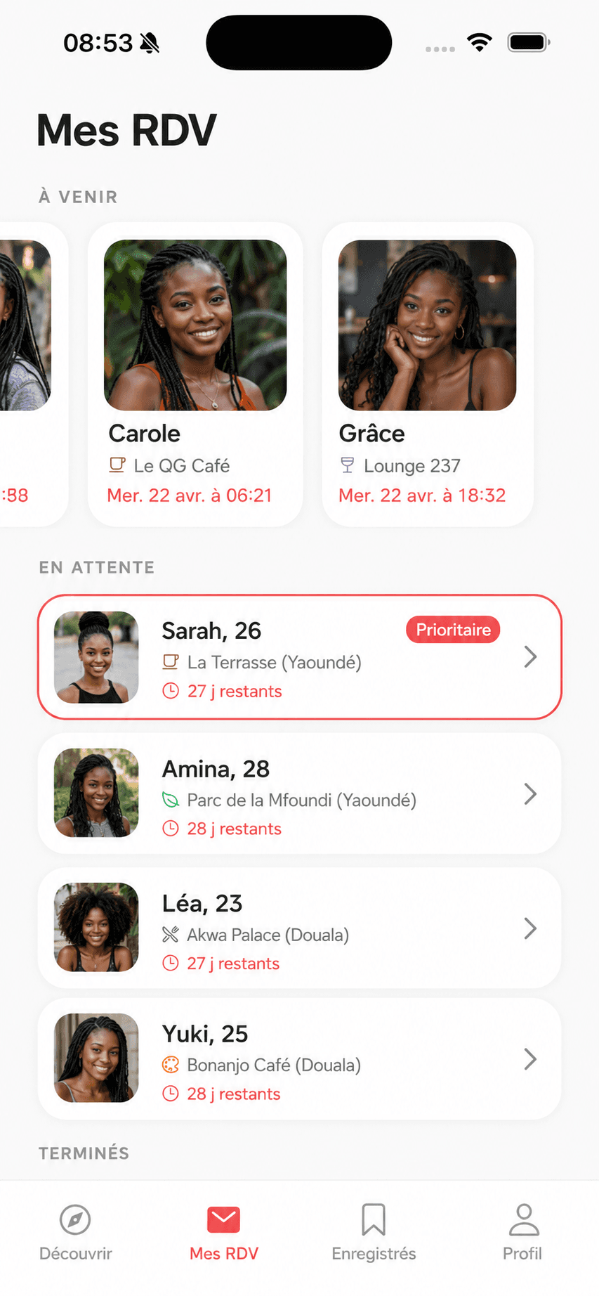 Écran Mes RDV de Date Cards